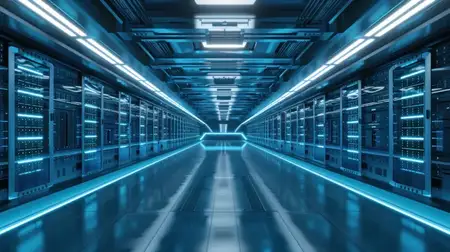 Интерьер высокотехнологичного центра обработки данных с освещенными проходами и рядами серверов в гладком современном дизайне