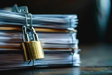 Детальный вид стопки организованных бумаг, запертых сверху латунным навесным замком