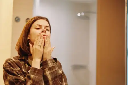 Женщина, поцелуй, жест дующая, портрет повседневной девушки в клетчатой рубашке в офисе, передающий теплоту и доступное настроение для современного делового образа жизни