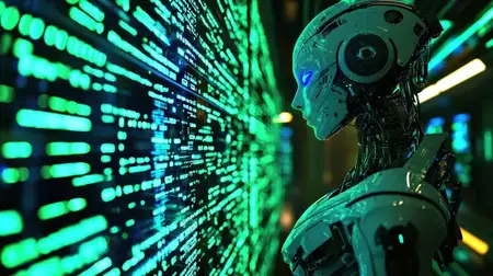 Футуристический человекоподобный робот стоит в профиль на фоне ярких цифровых данных