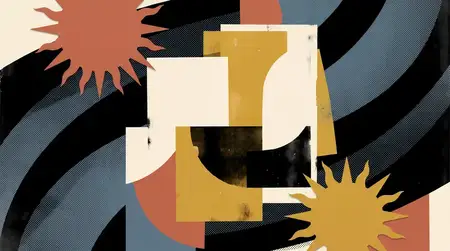 Абстрактный фон в стиле постера с многослойными фигурами, текстурированными чернилами и сильной презентационной энергетикой