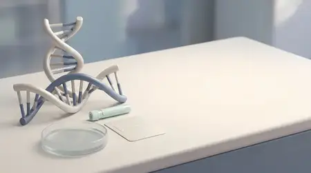 Минималистичная 3D-сцена генетической лаборатории с моделью ДНК, инструментами для образцов и щедрым пространством для копирайтинга научного и биотехнологического контента