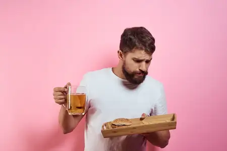 Мужчина с подносом, на котором находятся блюдо фастфуда и кружка пива, картофель фри