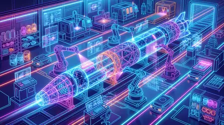 Яркая неоновая цифровая иллюстрация сборочного цеха аэрокосмических турбин