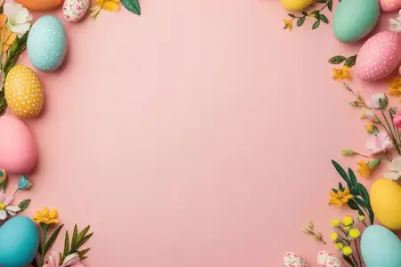 Яркие пасхальные яйца и разнообразные весенние цветы, расположенные на нежно-розовом фоне, передающие суть радости, обновления и праздничных торжеств весной