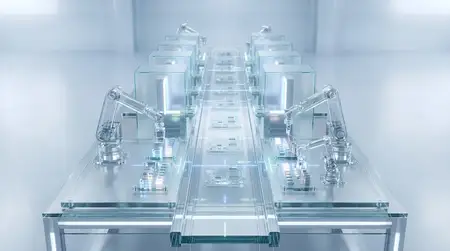 Прозрачная 3D-сцена производства электроники: видны печатные платы, стеклянные конвейеры и модули контроля