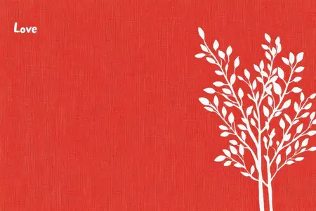 Минималистичная иллюстрация дерева с белыми листьями на ярко-красном фоне, символизирующая любовь и привязанность, идеально подходит для сезонных поздравлений или романтических случаев