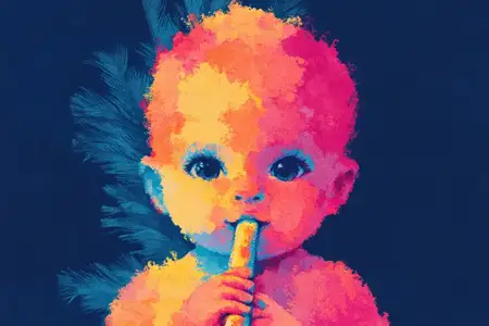 Яркая иллюстрация счастливого малыша, исследующего мир с игрушкой, демонстрирующая яркие цвета и игривую атмосферу