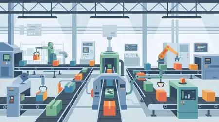 Коммерческое стоковое изображение автоматизированных конвейерных систем и производственного потока, предназначенное для коммерческого использования в дизайне, маркетинге или издательской деятельности