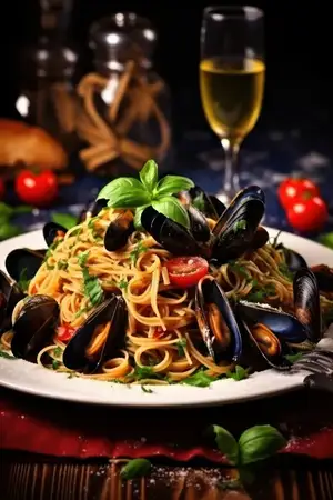 Крупный план, блюдо, гурман, свежий, ресторан, ужин, вкусный, тарелка, морепродукты, полезный, соус, приготовленная еда, еда, обед, паста, кухня, итальянский, вкусный, спагетти, фон