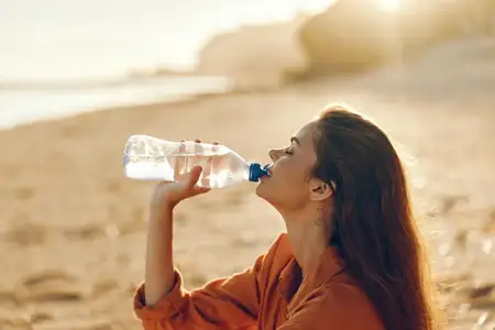 Женщина пьёт воду на открытом воздухе в солнечном свете у океанского берега