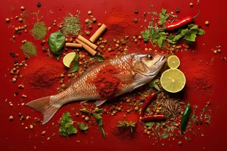 Черный ужин с приправами, морепродукты на кухне, розмарин, еда на грифельной доске, темный фон ресторана, рыба, лимон, травы, полезная еда, масло, специи, свежие продукты на фоне