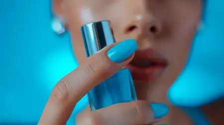 Крупный план женщины с синим лаком на ногтях, держащей флакон духов перед лицом