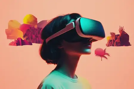 Молодая женщина, погруженная в виртуальную реальность, в VR-очках на фоне яркого абстрактного фона, подчеркивающая технологии, инновации и эмоциональную вовлеченность в современные развлечения