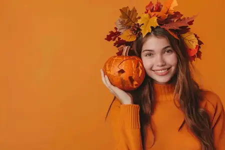 Веселая молодая женщина улыбается, держа хэллоуинскую тыкву, украшенную осенними листьями, на оранжевом фоне