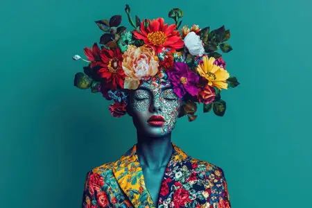 Выразительный портрет модели с ярким цветочным рисунком на лице и смелым узорчатым нарядом