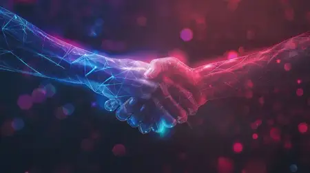 Крупный план двух пожимающих друг друга рук, изображённых в ярком цифровом стиле