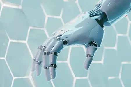 Изящная и современная роботизированная рука, вытянутая вперед, подчеркивает детали технологии и дизайна
