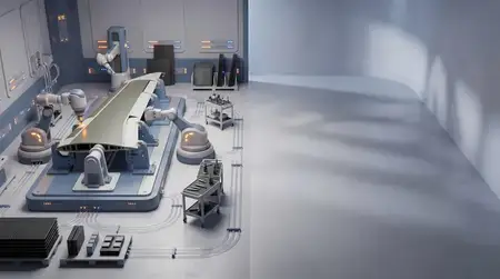 3D-сцена с мягкой матовой текстурой: изображена секция крыла самолета в автоматизированном производственном цехе