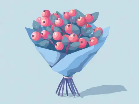 Яркий букет из иллюстрированных цветов с круглыми красными лепестками и зелеными листьями, элегантно завернутый в голубую бумагу, идеально подходящий для украшения или особых случаев