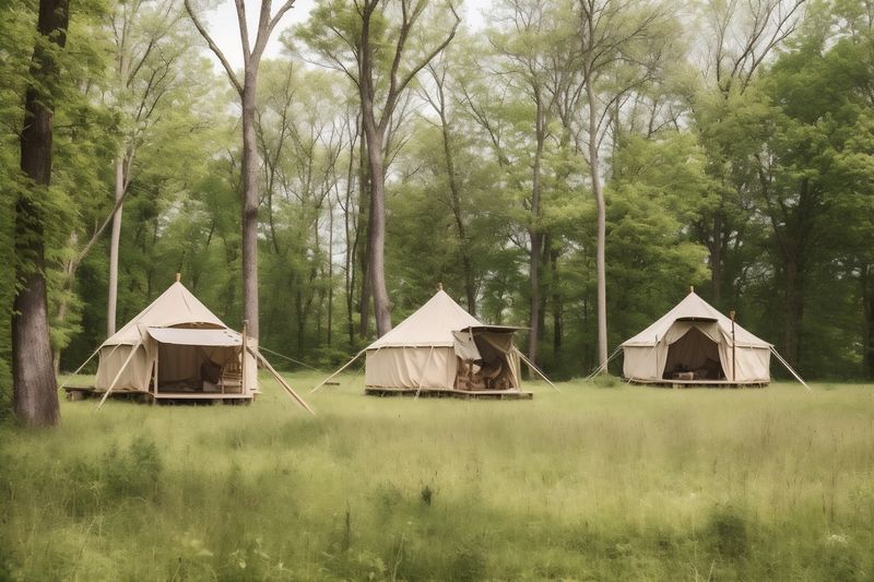 travel glamping nature camping light vacation luxury canvas forest tent. Generative AI.