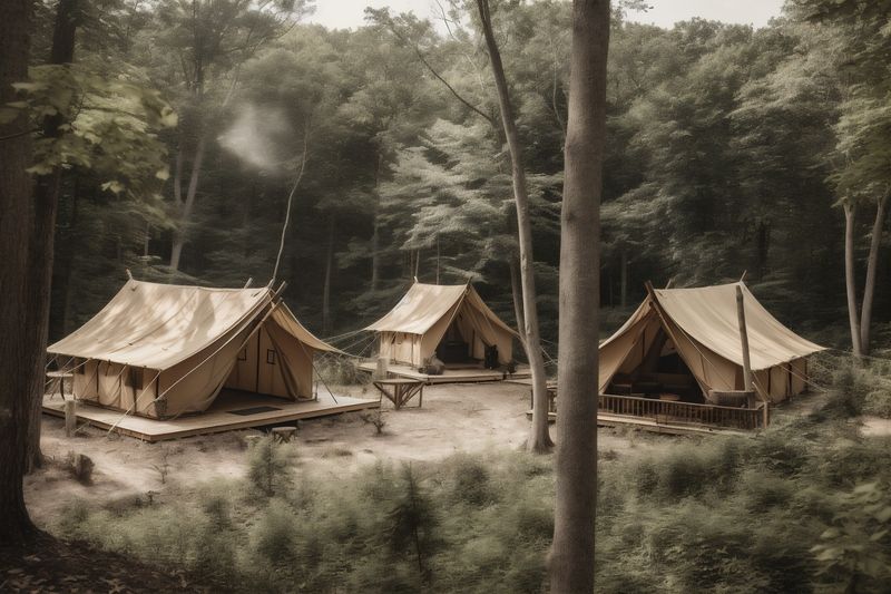 canvas light forest tent nature glamping travel luxury vacation camping. Generative AI.