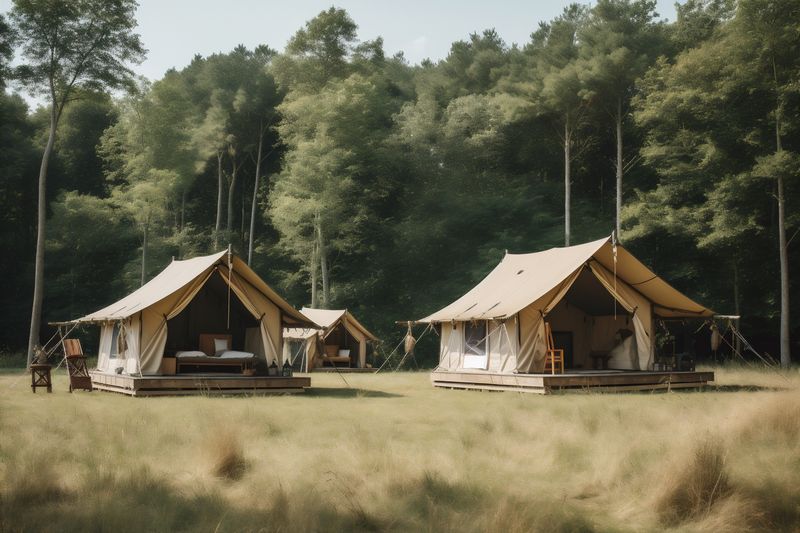 canvas nature tent camping vacation glamping luxury travel light forest. Generative AI.