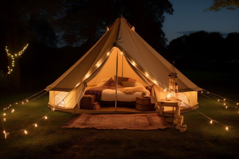 nature luxury forest travel canvas vacation glamping tent camping light. Generative AI.