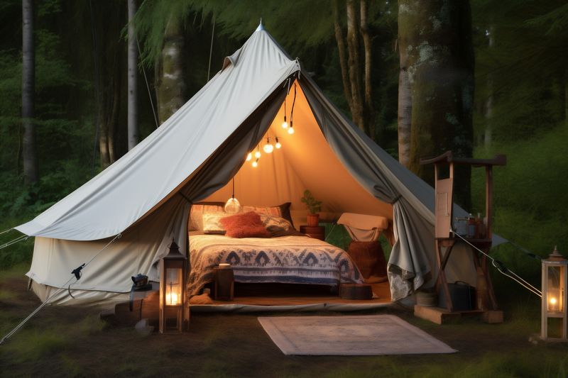 canvas forest travel nature tent glamping luxury light camping vacation. Generative AI.