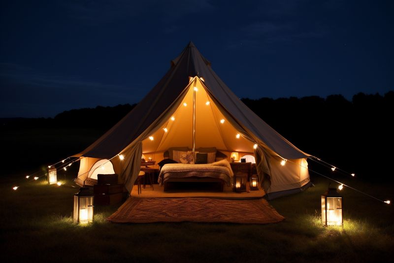 forest luxury vacation glamping light canvas nature camping tent travel. Generative AI.