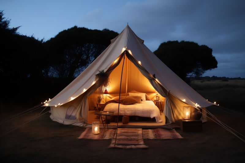 canvas travel vacation camping light forest luxury nature tent glamping. Generative AI.