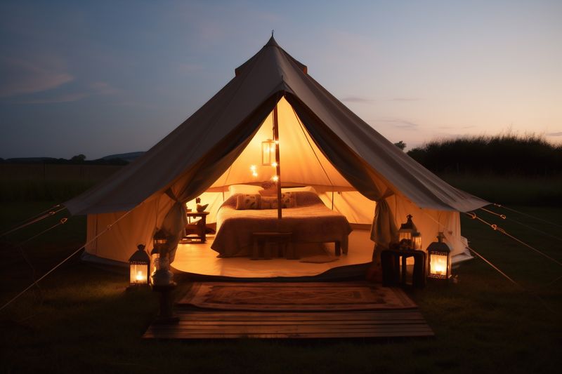 vacation nature travel glamping camping tent luxury canvas light forest. Generative AI.