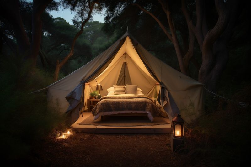 glamping light nature vacation travel camping luxury forest canvas tent. Generative AI.