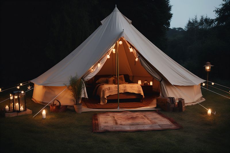 camping glamping light vacation luxury tent canvas forest nature travel. Generative AI.