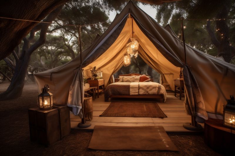 tent nature forest light glamping canvas travel vacation luxury camping. Generative AI.