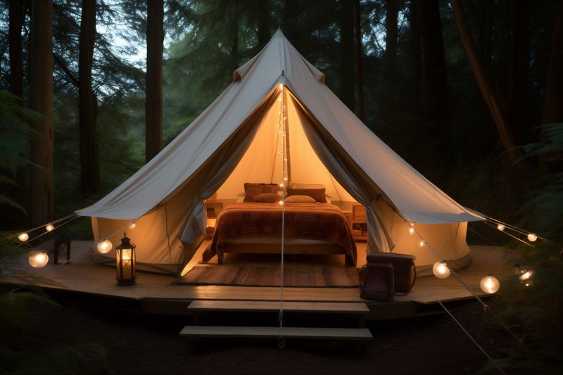 forest camping canvas travel glamping nature light vacation tent luxury. Generative AI.