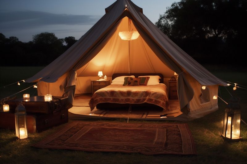 glamping nature light travel vacation canvas camping forest tent luxury. Generative AI.