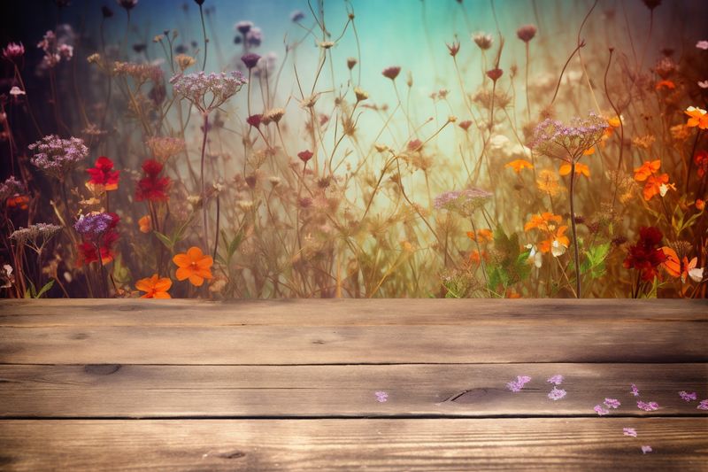 bokeh board copy wooden flowers leaf rustic background table wood design. Generative AI.