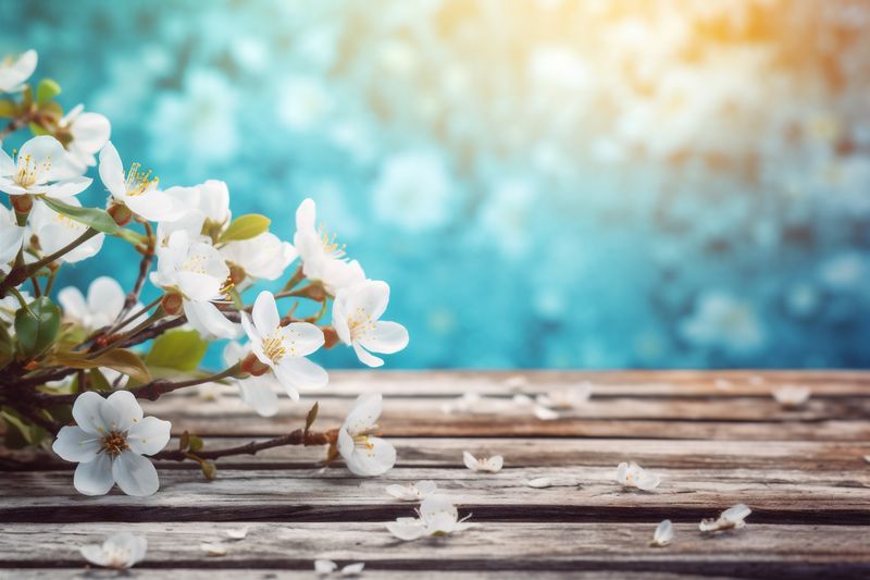 bokeh wooden table desk board rustic design background flowers wood leaf. Generative AI.