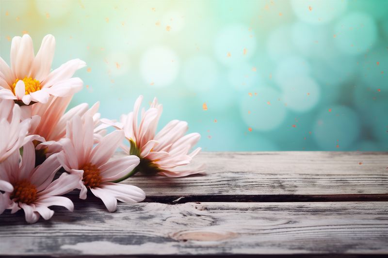 foliage leaf table wooden rustic flowers bokeh board background wood design. Generative AI.