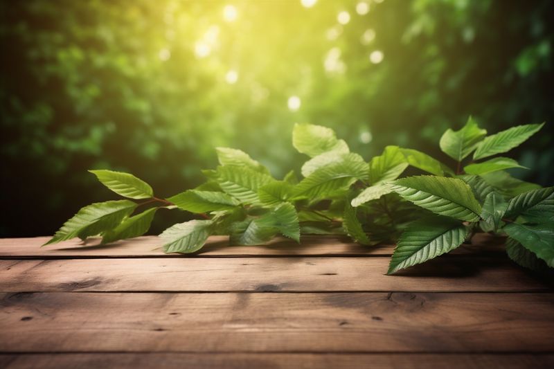 wood table leaf bokeh background flowers design rustic board retro wooden. Generative AI.