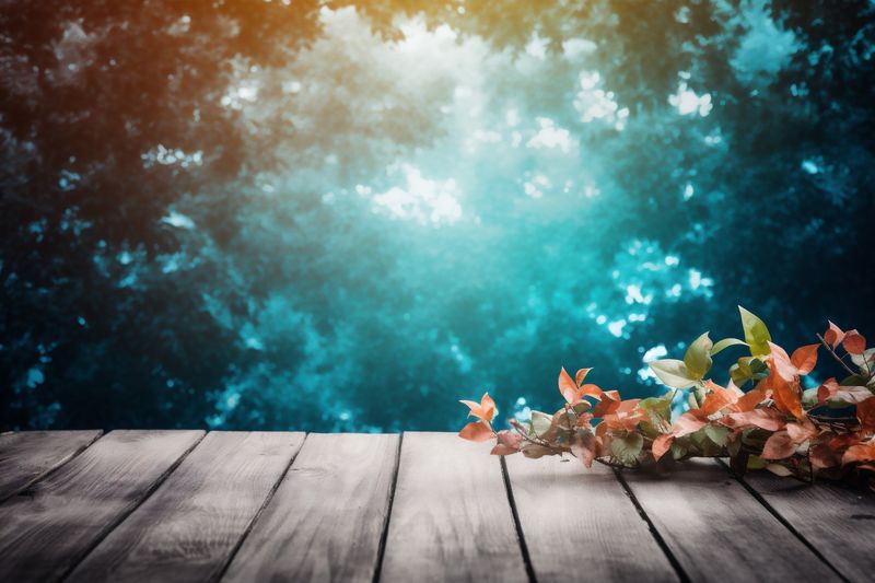 board rustic wooden blank design table background wood leaf bokeh flowers. Generative AI.