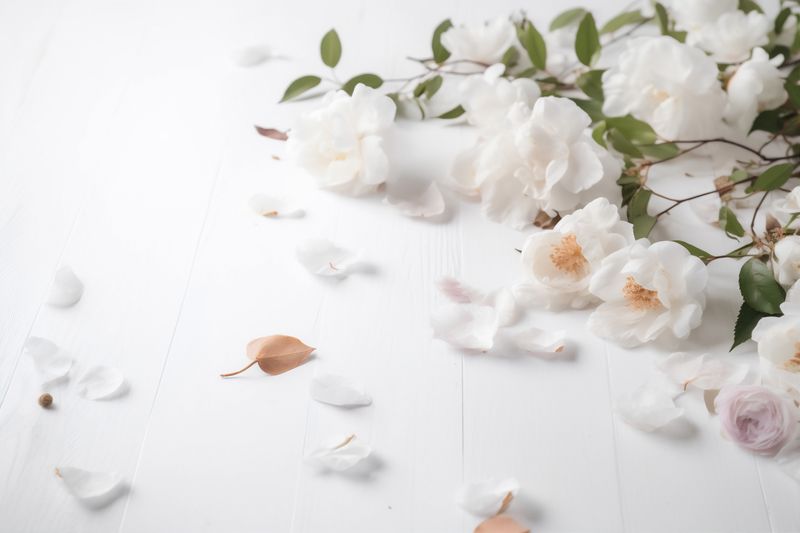 beautiful floral wall nature flower blossom celebration spring white wedding background. Generative AI.
