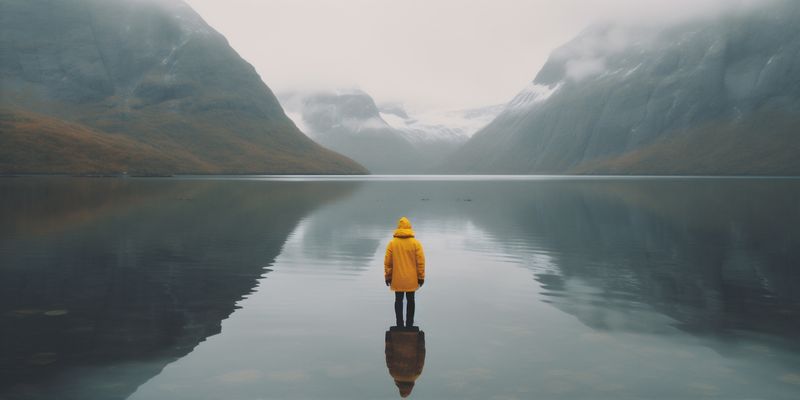 man mountain nature back lake rock yellow travel water hiking cape. Generative AI.