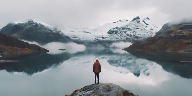 mountain man travel cape back yellow nature hiking lake water person. Generative AI.