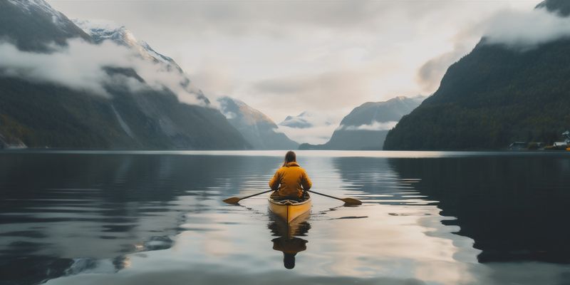 man nature yellow mountain cape hiking male water travel back lake. Generative AI.