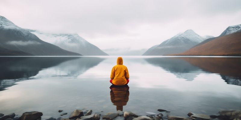 yellow man nature scenery water travel mountain lake cape hiking back. Generative AI.