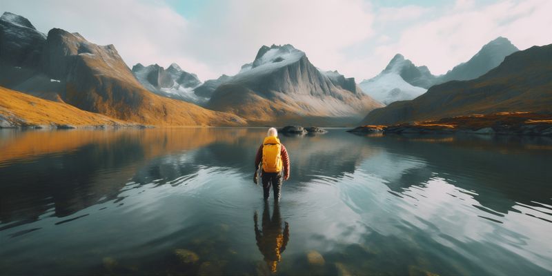 man cape water lake yellow vacation mountain back hiking nature travel. Generative AI.