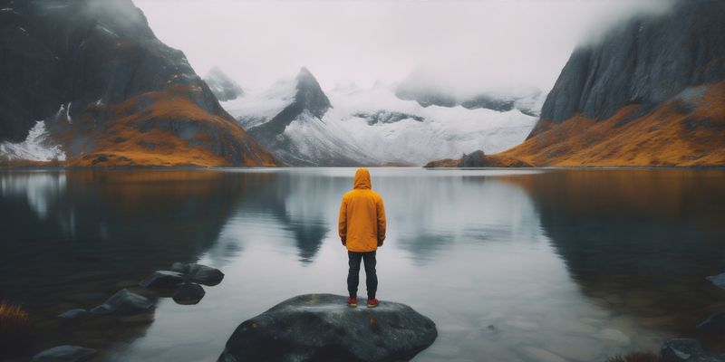 man hiking back travel mountain nature cape water alone lake yellow. Generative AI.