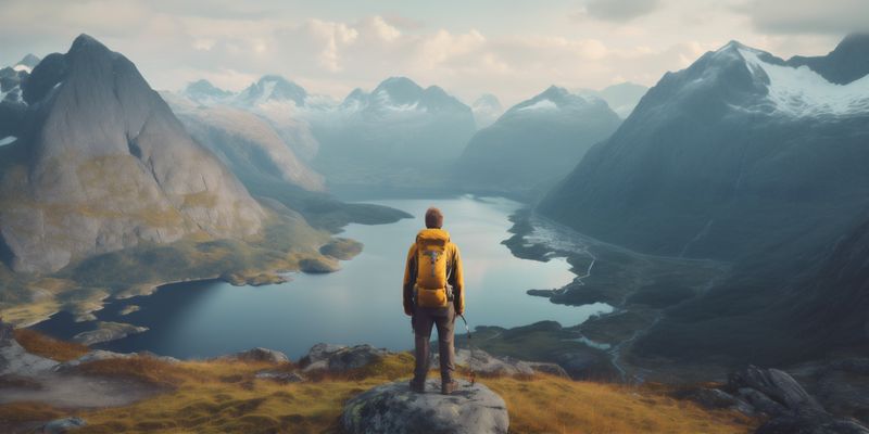 man mountain cape yellow back summer lake nature hiking travel water. Generative AI.